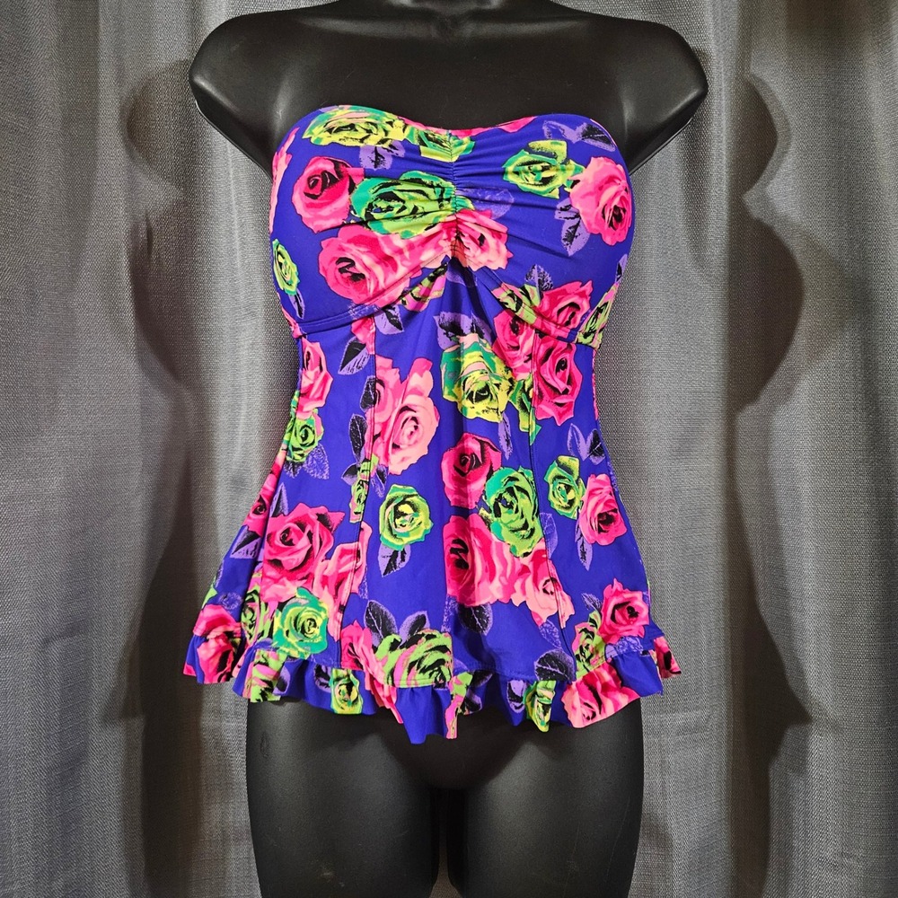 Betsey‎ Johnson Neon Floral Corset Top Purple Pink Strapless Lace Up Peplum M